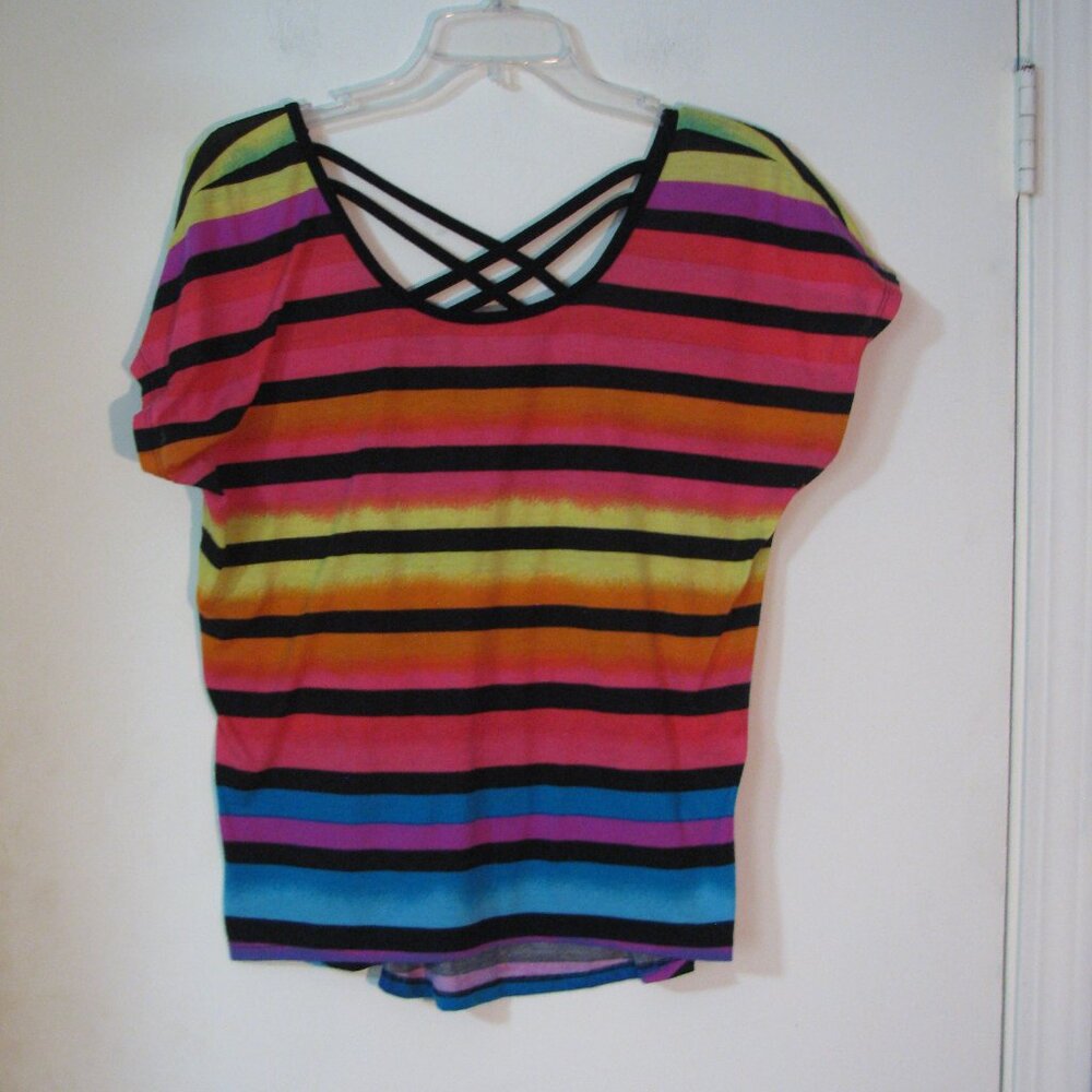 * Maurices Striped Top Medium Pink Black Stripes Criss Cross Lattice